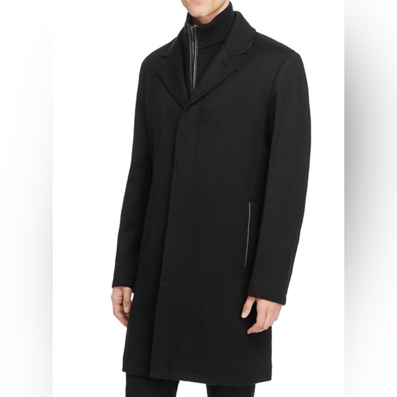 NWT Cole Haan Men's L Modern Wool Teill Top Coat W/ Wool Bib Black Peaky Blinder